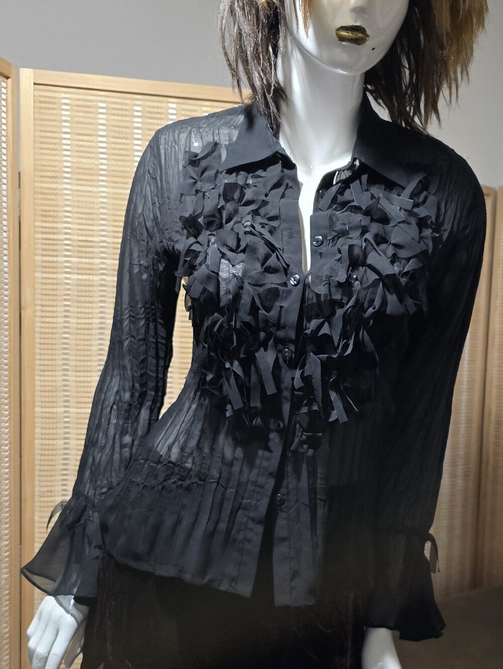 Notations Black Ruffle-Front Button Blouse